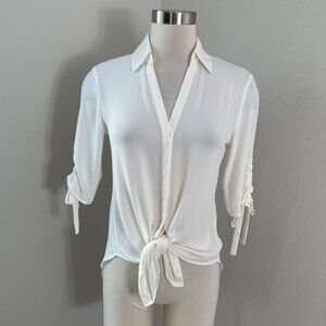 NEW Express Womens XS Blouse Ivory Ruched Sleeves Tie Front Shirt Button Up Top